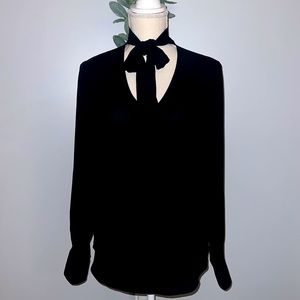 WHBM Medium Black V Neck Tie-Neck Blouse